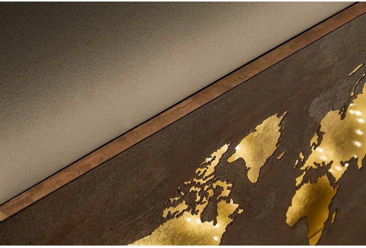 Design LED Wereldkaart wanddecoratie met verlichting - 60 x 30 cm - Bruin goud metaal