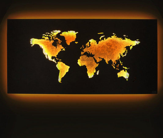 Design LED Wereldkaart wanddecoratie met verlichting - 60 x 30 cm - Bruin goud metaal
