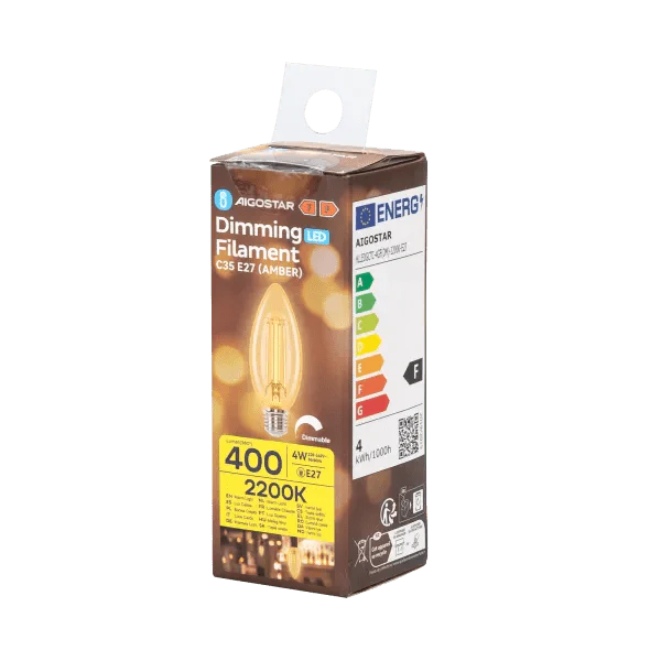 Kaarslamp E27 dimbaar flame warmwit | C35 LED 4W~400Lm=38W halogeen verlichting | amber glas - 2200K