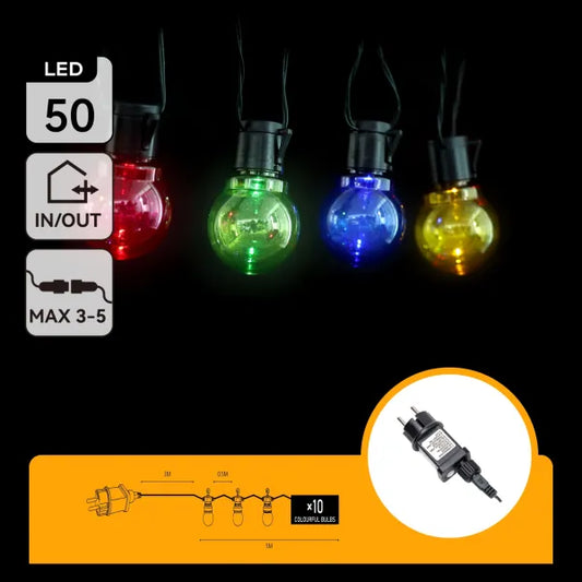 Lichtstring kleur 8 meter (3+5) - 10 LED's meerkleurig | sproeidicht IP44 - koppelbaar (max 5) | 230VAC - 24V | met timer 6u aan/18u uit