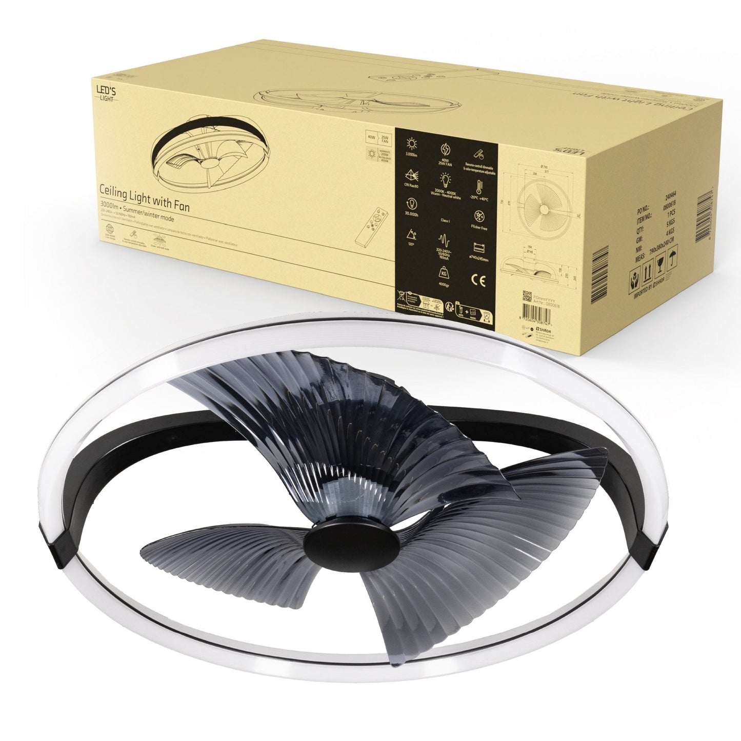 LED's Light Plafondventilator XL 74 cm - Bedienbaar met afstandsbediening - Zwart