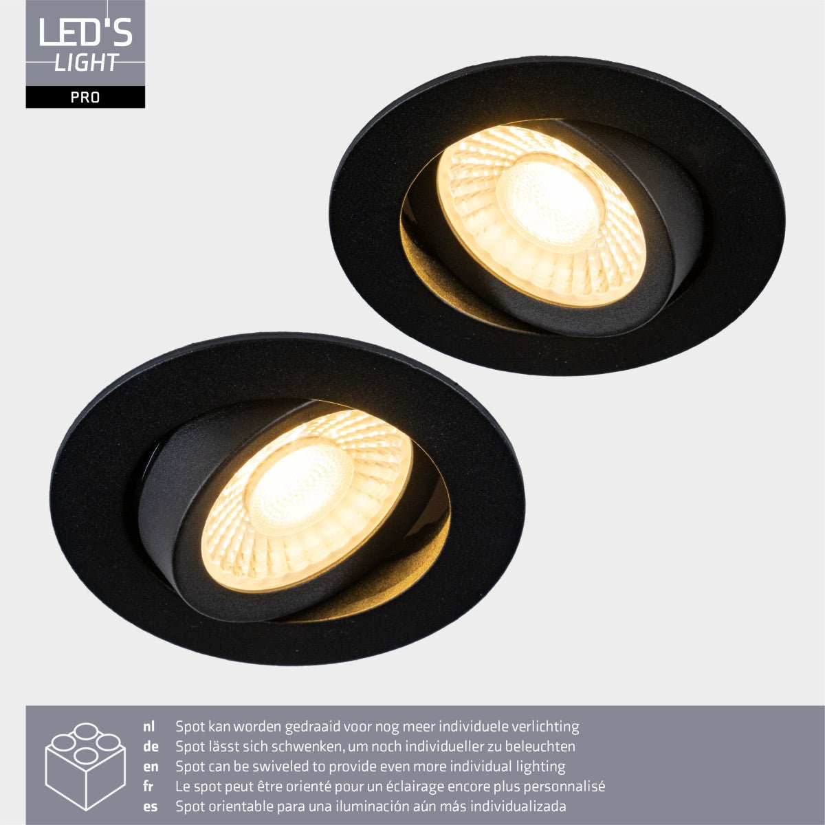 LED's Light PRO - 6 PACK - downlight inbouwspot Ø 68mm - Kantelbaar - Spatwaterdicht - Dim to Warm - Zwart