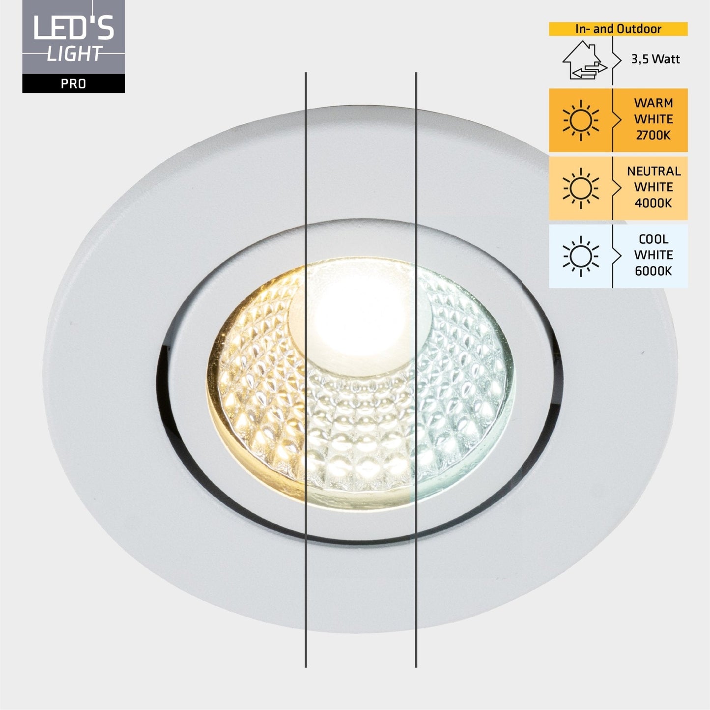 3 PACK - LED's Light PRO Inbouwspot 68 mm - Indoor & Outdoor - 3 lichtkleuren - Dimbaar licht - Wit