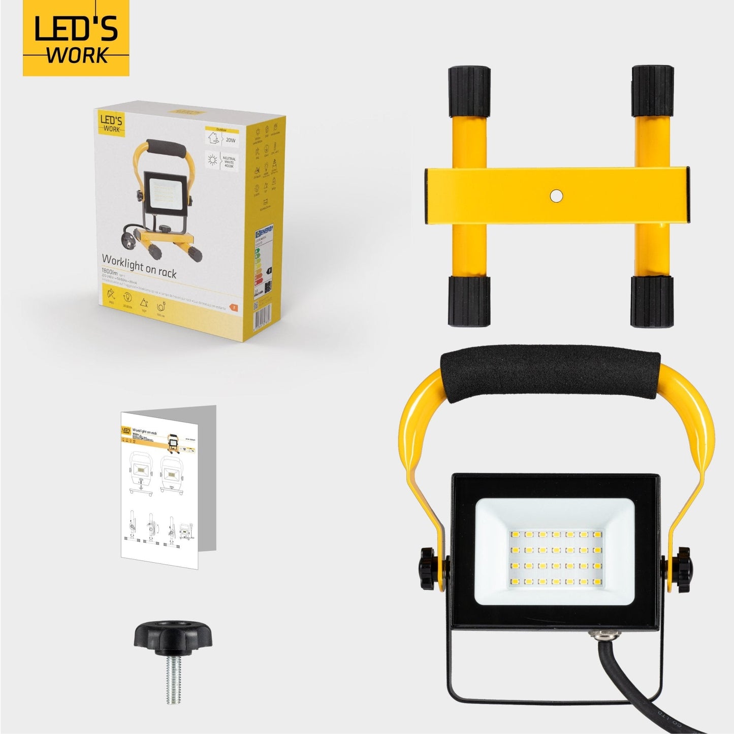 LED's Work Bouwlamp Werklamp 2000 - Verstelbare beugel - Waterdicht (IP65) - Zwart geel - Bedraad