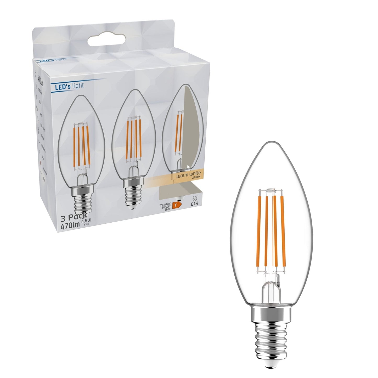 LED Lampen Kaars E14 - helder glas - Warm wit licht - 470 lm - 3PACK