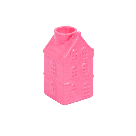Kandelaar - Huis - Keramiek - Neon Roze - 6x5,5x11cm