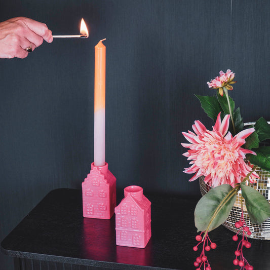 Kandelaar - Huis - Keramiek - Neon Roze - 6x5,5x11cm