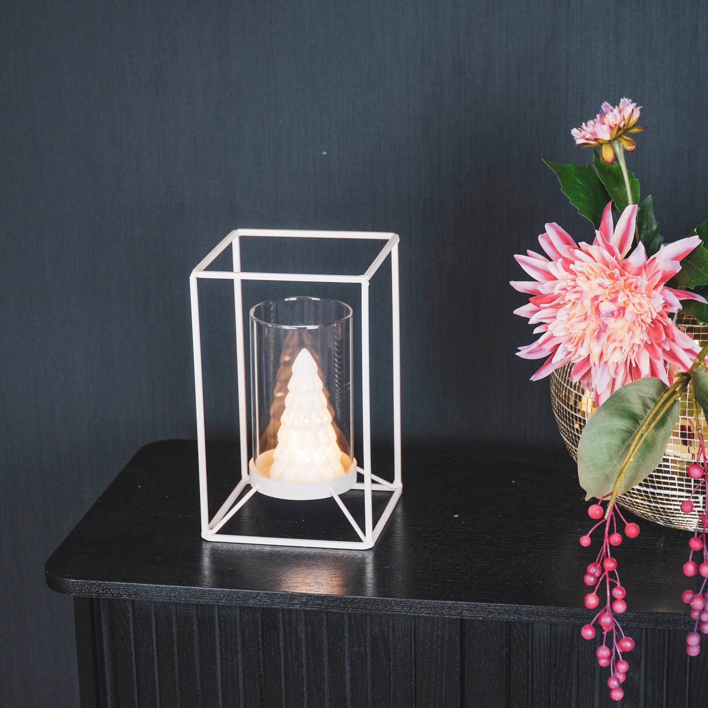 Kaarshouder- Windlicht -Metaal/Glas - Zand - 12,5x12,5x20cm