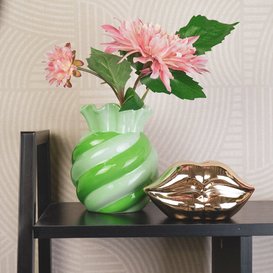Vaas- Bloemen Vaas Swirl- Aardewerk- Mint/ Groen-13x13x15.5cm