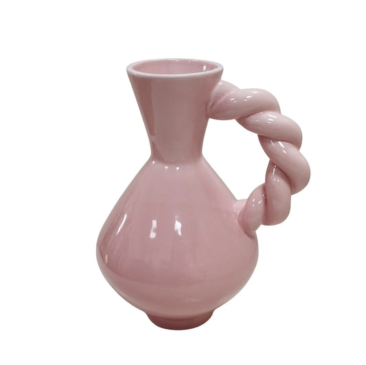Vaas- Kruik met Gedraaid Handvat- Dolomiet- Roze-17,5x13,5x22cm