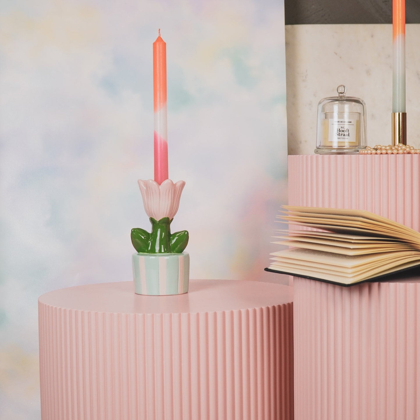Kaarshouder- Kandelaar Tulp- Dolomiet- Mint/ Licht Roze- 9x8,5x17,5cm