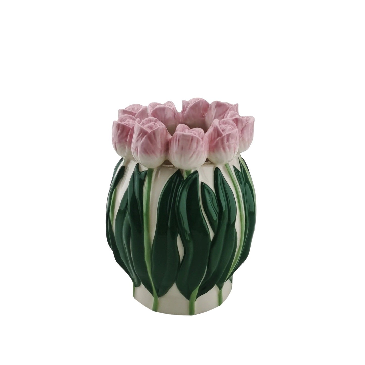 Vaas- Bloemen Vaas met Tulpen - Dolomiet - Licht Roze/ Groen- 12,5x12,5x16cm