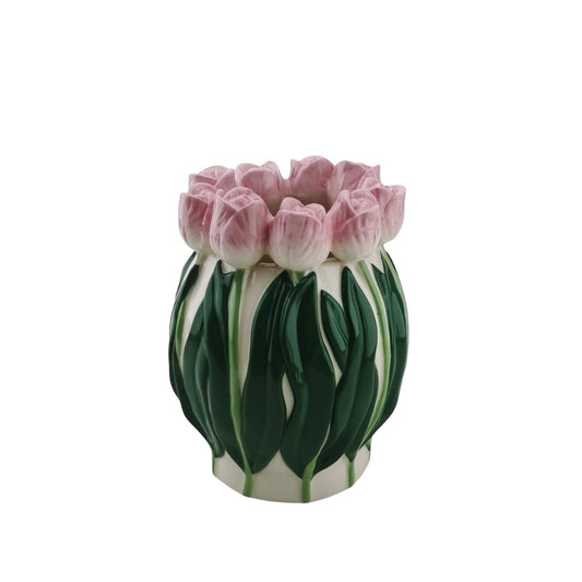Vaas- Bloemen Vaas met Tulpen - Dolomiet - Licht Roze/ Groen- 12,5x12,5x16cm
