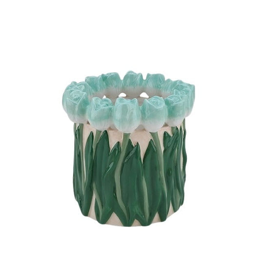 Vaas- Bloemen Vaas met Tulpen - Dolomiet - Mint/ Groen- 17x17x16cm