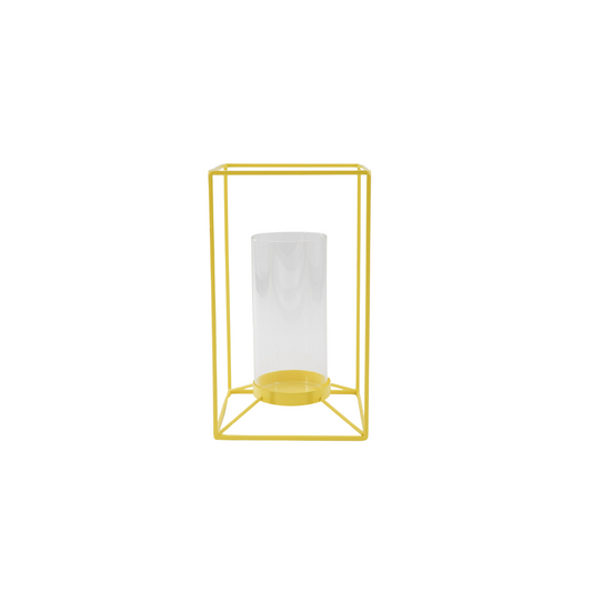 Kaarshouder- Windlicht - Metaal/Glas - Fluor Geel- 14,5x14,5x25cm
