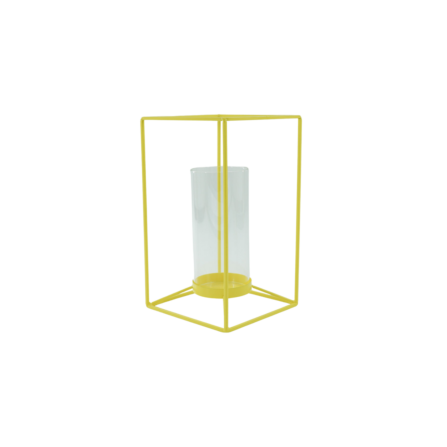 Kaarshouder- Windlicht - Metaal/Glas - Fluor Geel- 14,5x14,5x25cm