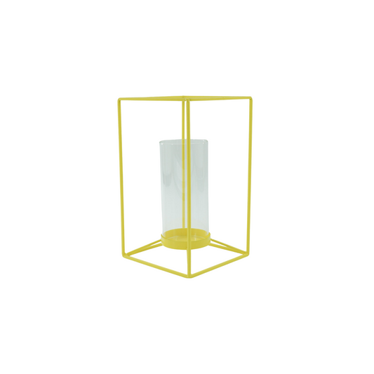 Kaarshouder- Windlicht - Metaal/Glas - Fluor Geel- 14,5x14,5x25cm