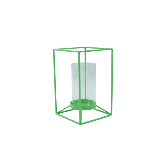 Kaarshouder- Windlicht - Metaal/Glas - Fluor Groen - 12,5x12,5x20cm