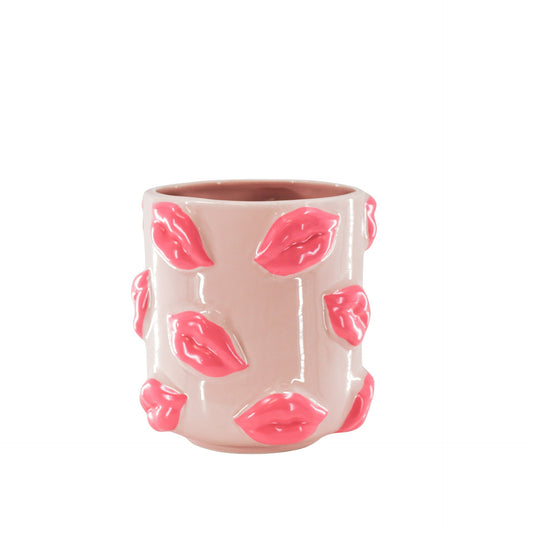 Pot - Planten Pot Lippen - Keramiek - Licht Roze/ Fluor Roze - 17,5x17,5x17,5cm