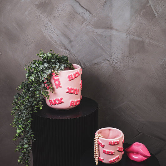 Pot - Planten Pot 'FUCK' - Keramiek - Licht Roze/ Fluor Roze  - 17,5x17,5x17,5cm