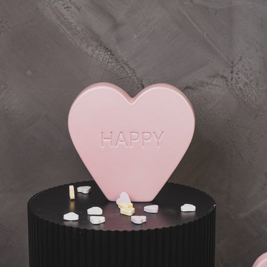 Ornament- Snoephart Beeld 'HAPPY'- Keramiek- Licht Roze- 20x4x18,5cm