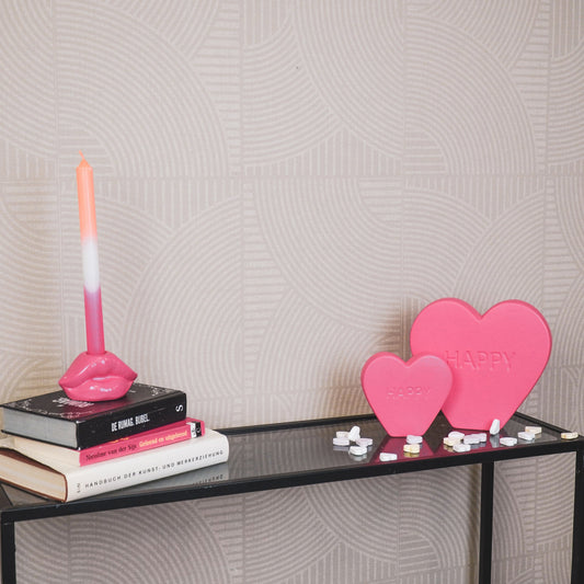 Ornament- Snoephart Beeld 'HAPPY'- Keramiek- Fluor Roze- 20x4x18,5cm