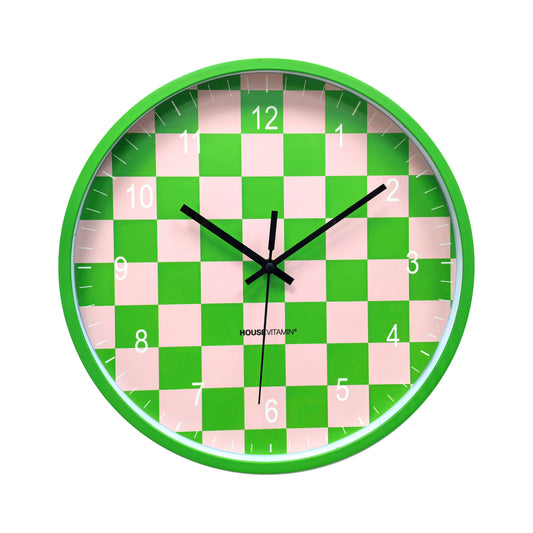 Klok - Wandklok - Geblokt Patroon - Groen/Roze - 34x4x34cm