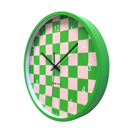 Klok - Wandklok - Geblokt Patroon - Groen/Roze - 34x4x34cm