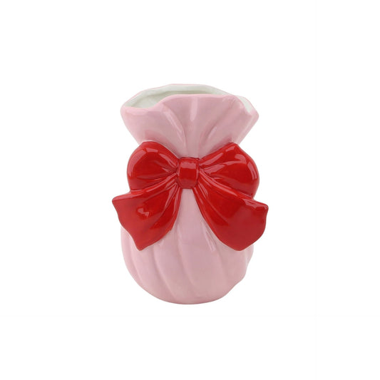 Vaasje - Met Strik - Keramiek - Roze/Rood - 11x10x16cm