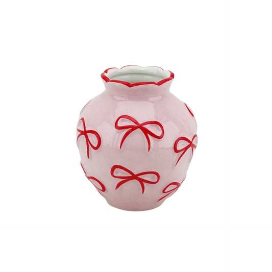 Vaas -Bloemenvaas Strikjes - Dolomiet - Licht Roze /Rood - 13x13x14cm