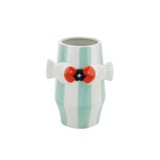 Vaas - Bloemenvaas Vissen- Dolomiet - Mintgroen/Wit/Oranje - 14x11,5x18,5cm
