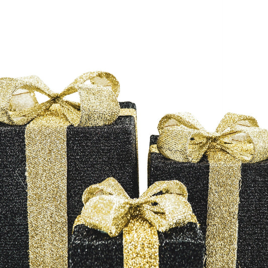 Kerst Led Lamp - Cadeau Set van 3 - Kunststof - Zwart/Goud- 15cm/20cm/25cm