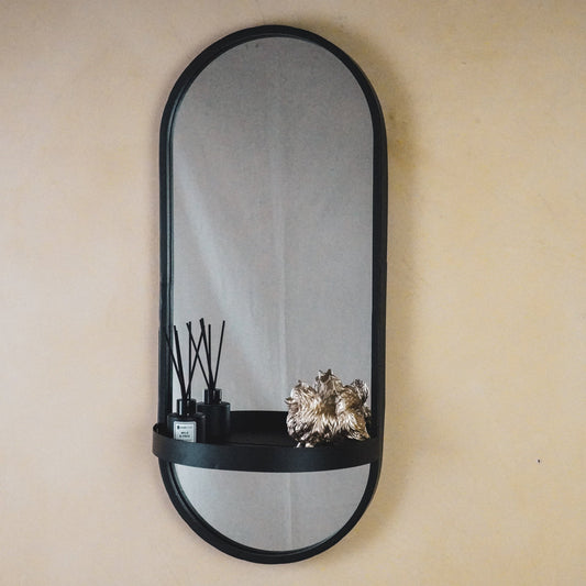 Spiegel - Wandspiegel Metaal - Zwart - met plank - 30x15x70cm