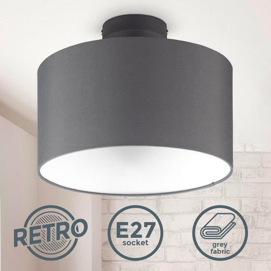 B.K.Licht - Decoratieve plafondlamp - Ø30cm - Grijs/wit - Metaal, hout en stof - Ronde plafonnière - E27 fitting - Excl. lichtbron