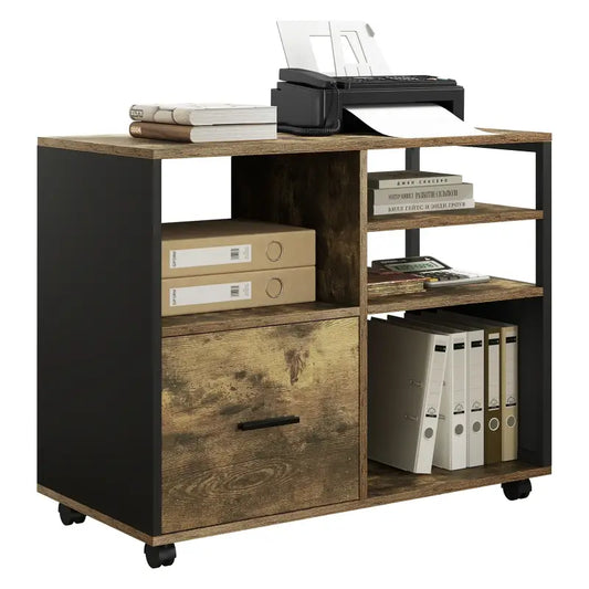 BukkitBow - Archiefkast / Printerkast op wieltjes - Kantoorkast met Industriele Look - met zwart Metalen Frame - Vintage Bruin Hout