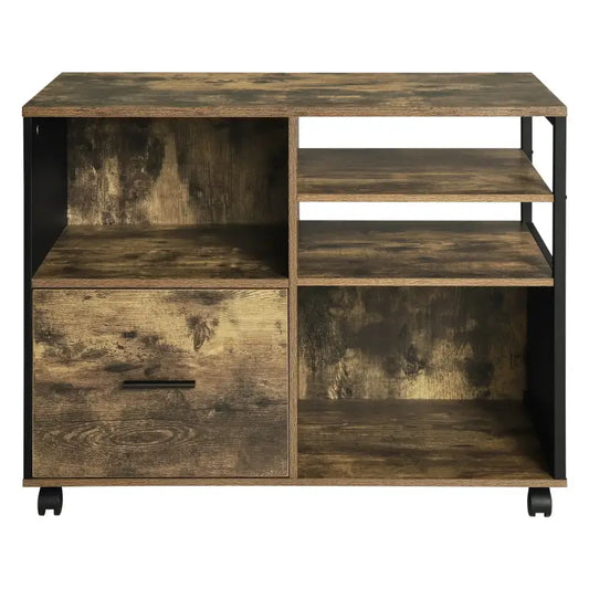 BukkitBow - Archiefkast / Printerkast op wieltjes - Kantoorkast met Industriele Look - met zwart Metalen Frame - Vintage Bruin Hout