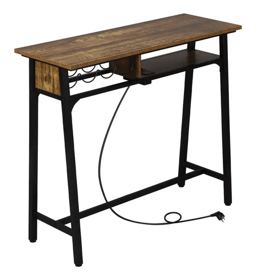 BukkitBow - Bartafel met Oplaadstation en Wijnrek - Metaal en Vintage Houten Look - 50 kg Laadvermogen - 110x94x40 cm