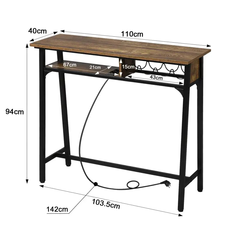 BukkitBow - Bartafel met Oplaadstation en Wijnrek - Metaal en Vintage Houten Look - 50 kg Laadvermogen - 110x94x40 cm