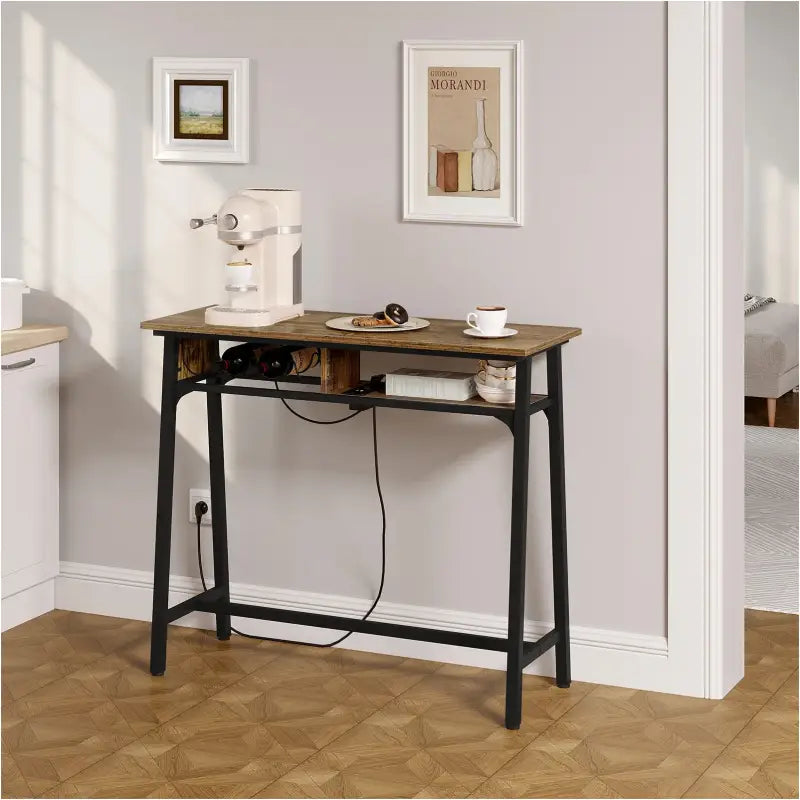 BukkitBow - Bartafel met Oplaadstation en Wijnrek - Metaal en Vintage Houten Look - 50 kg Laadvermogen - 110x94x40 cm