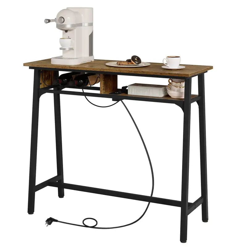 BukkitBow - Bartafel met Oplaadstation en Wijnrek - Metaal en Vintage Houten Look - 50 kg Laadvermogen - 110x94x40 cm