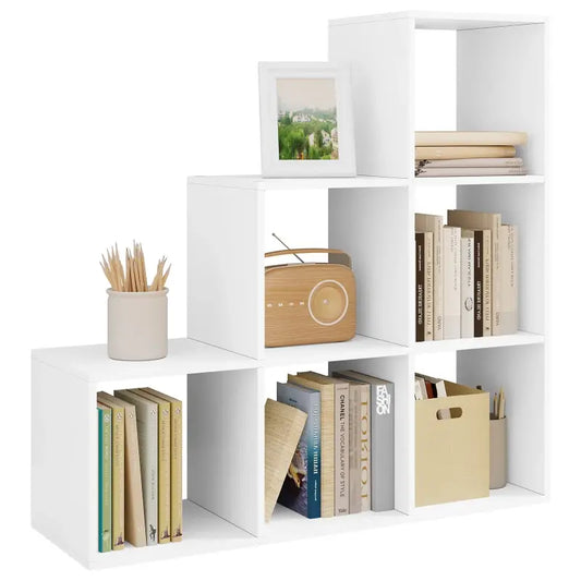 BukkitBow - Boekenkast met 3 Niveaus - 6 Vakken Trapkast - Kubusplanken - Archiefkast - Wit