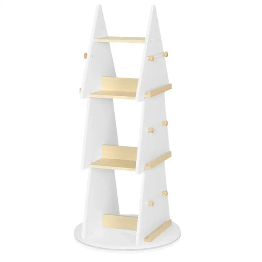 BukkitBow - Boekenkast voor Kinderen - Kinderboekenkast met 360° Draaibare Plank - Kerstboom/Boomvorm - 4 Planken en Ophanghaken - Wit/Bruin Hout