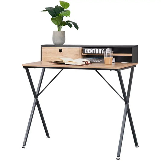 BukkitBow - Bureau / Studietafel - Stalen Frame - Licht Eikenhout - met Lade en Opbergvakken - Meebewegende Poten - 90x50cm