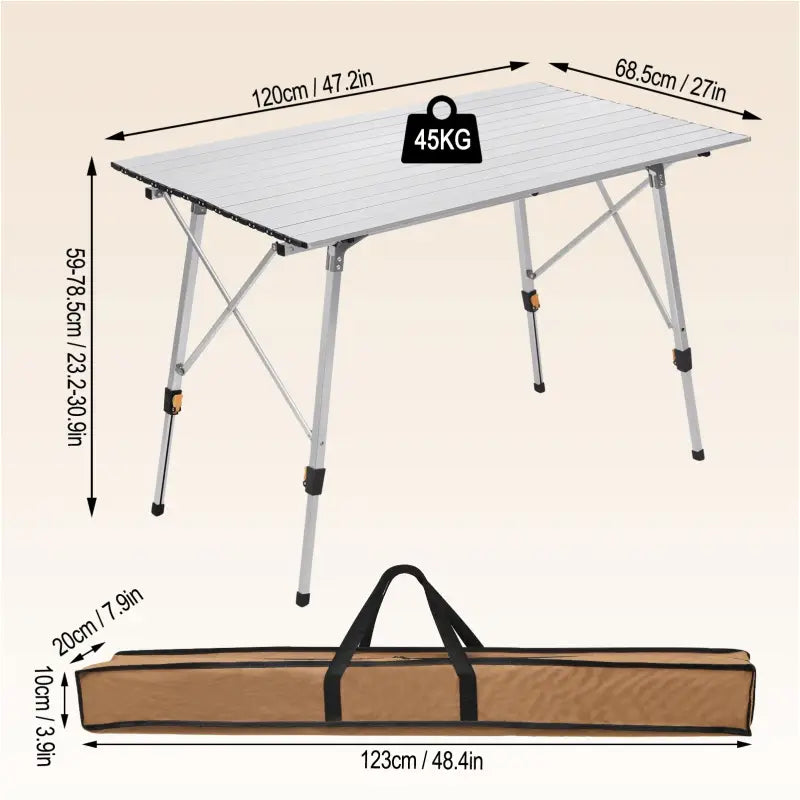 BukkitBow - Campingtafel In Hoogte Verstelbaar - Aluminium - 15kg Laadvermogen - Lichtgewicht en Compact - Inclusief Draagtas - 120x68,5x59/78.5 cm