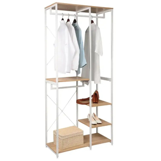 BukkitBow - Dubbel Kledingrek / Kapstok - Wit Staal en Eikenhout - Met 3 Kledinghangers en 3 Planken - 90x40x204.5cm