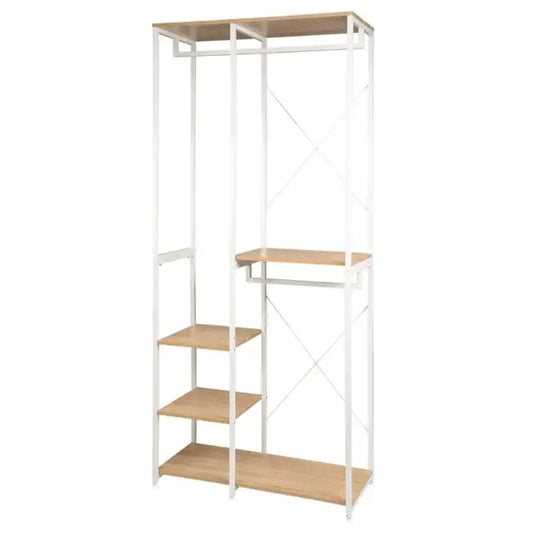 BukkitBow - Dubbel Kledingrek / Kapstok - Wit Staal en Eikenhout - Met 3 Kledinghangers en 3 Planken - 90x40x204.5cm