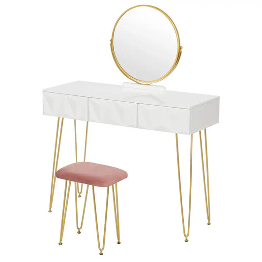 BukkitBow - Elegante Kaptafel Set met Metalen Frame - MDF Hout met Glas - Inclusief Draaibare Spiegel en Kruk - 100x40x79cm