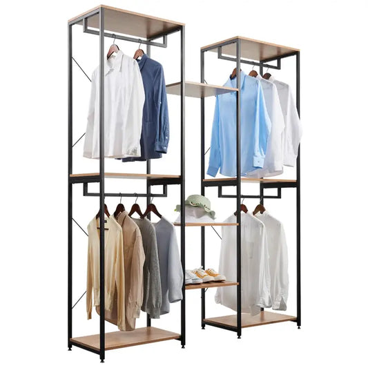 BukkitBow - Grote Kledingkast/ Garderobe Kast - Dubbele Rekken - Inclusief Kledinghaken en Opbergplanken - 165X205X40CM - Zwart met Licht Eikenhout