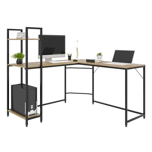 BukkitBow - Hoekbureau met Opbergvakken - Spaanplaat en Stalen Buizen - Licht Eiken en Zwart - 138x50cm en 88x50cm