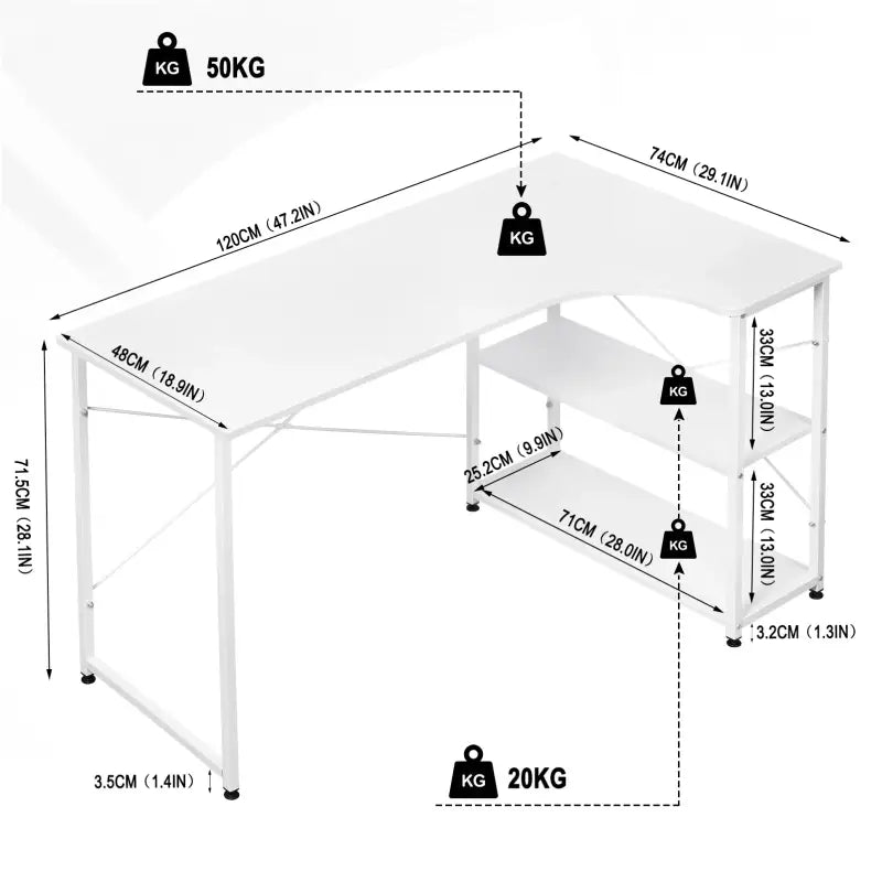 BukkitBow - Industrieel Bureau - Compact Hoekbureau met 2 Planken Opbergruimte - 120x74cm